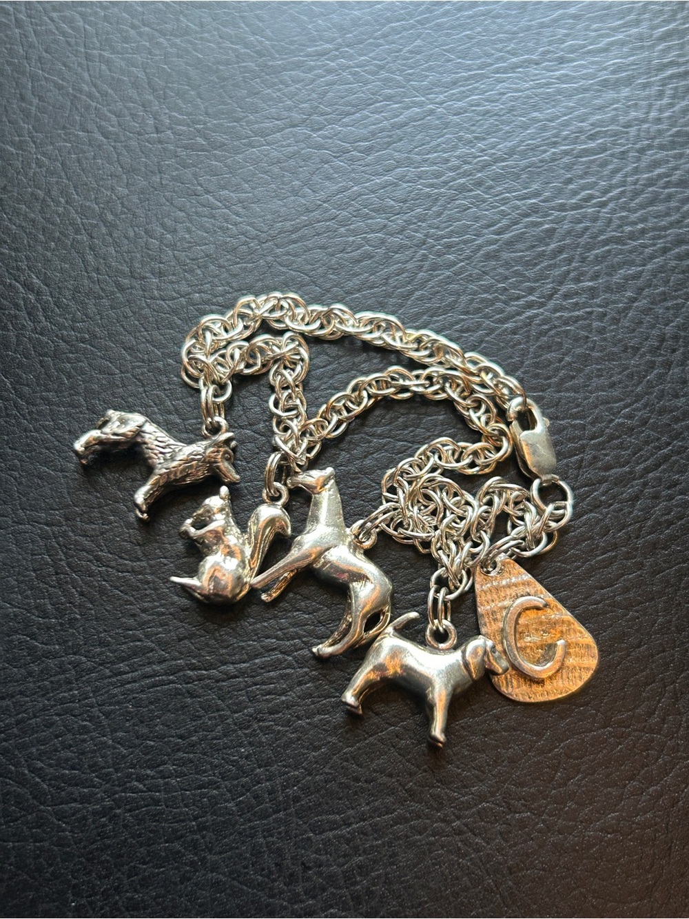 Sterling Silver Charm Bracelet - "C", Horse, Squirrel, and Dogs